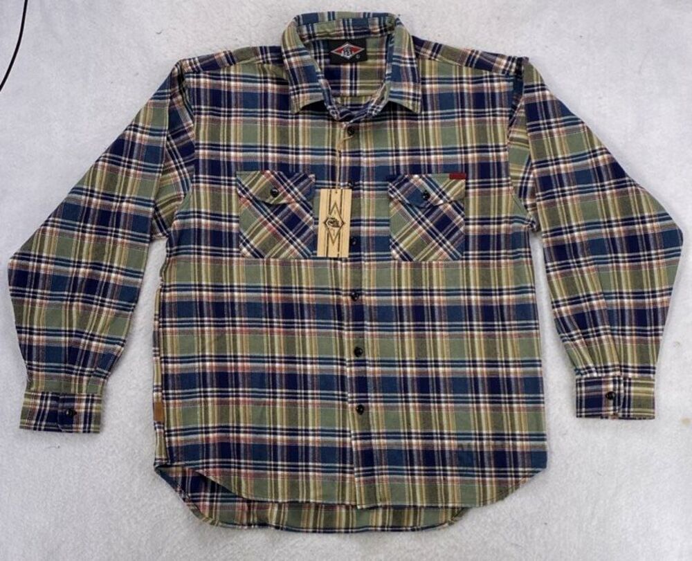 Bear Surfboards Vintage Heavy Flannel Shirt Mens L Green Blue Plaid Rare Sample